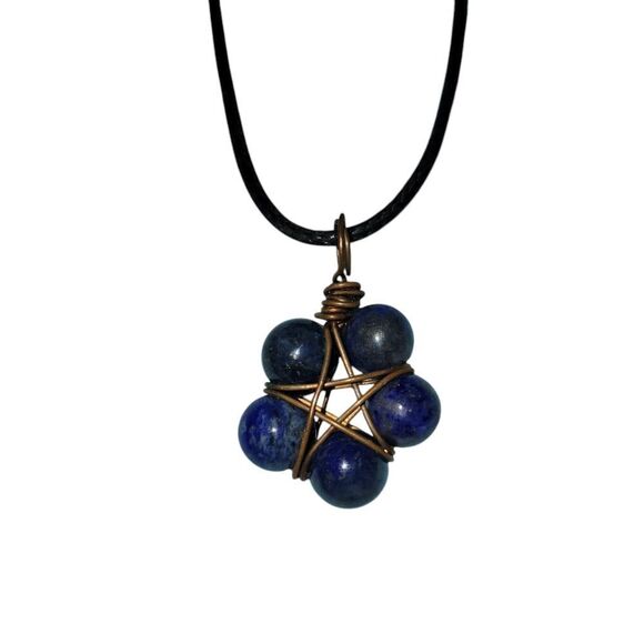 Blue and Gold Wire-Wrapped pentagram Necklace. ^ - Picture 2 of 4